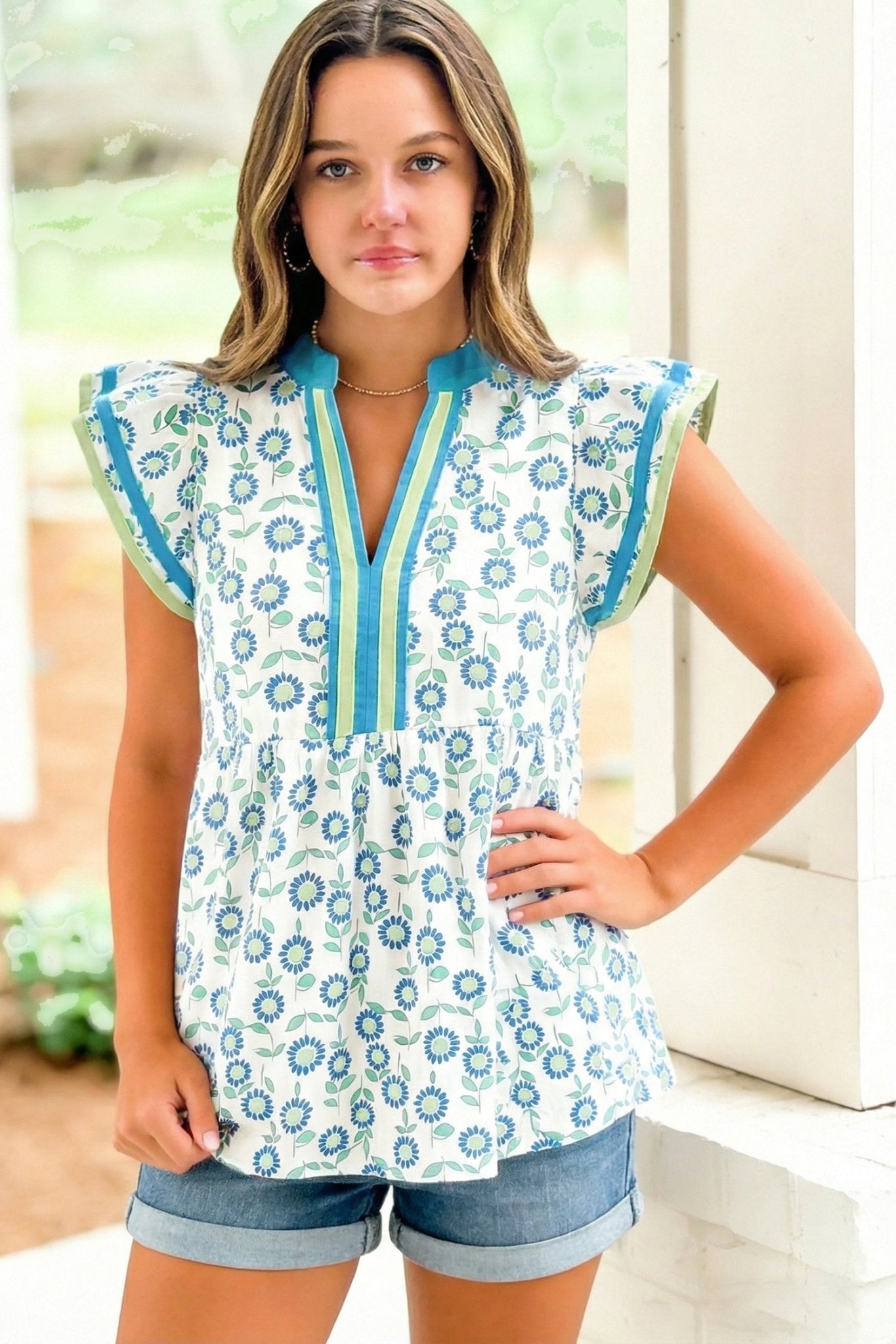 Green Sunflower Printed Contrast Trim V Neck Flutter Sleeve Blouse - Loving It Shop