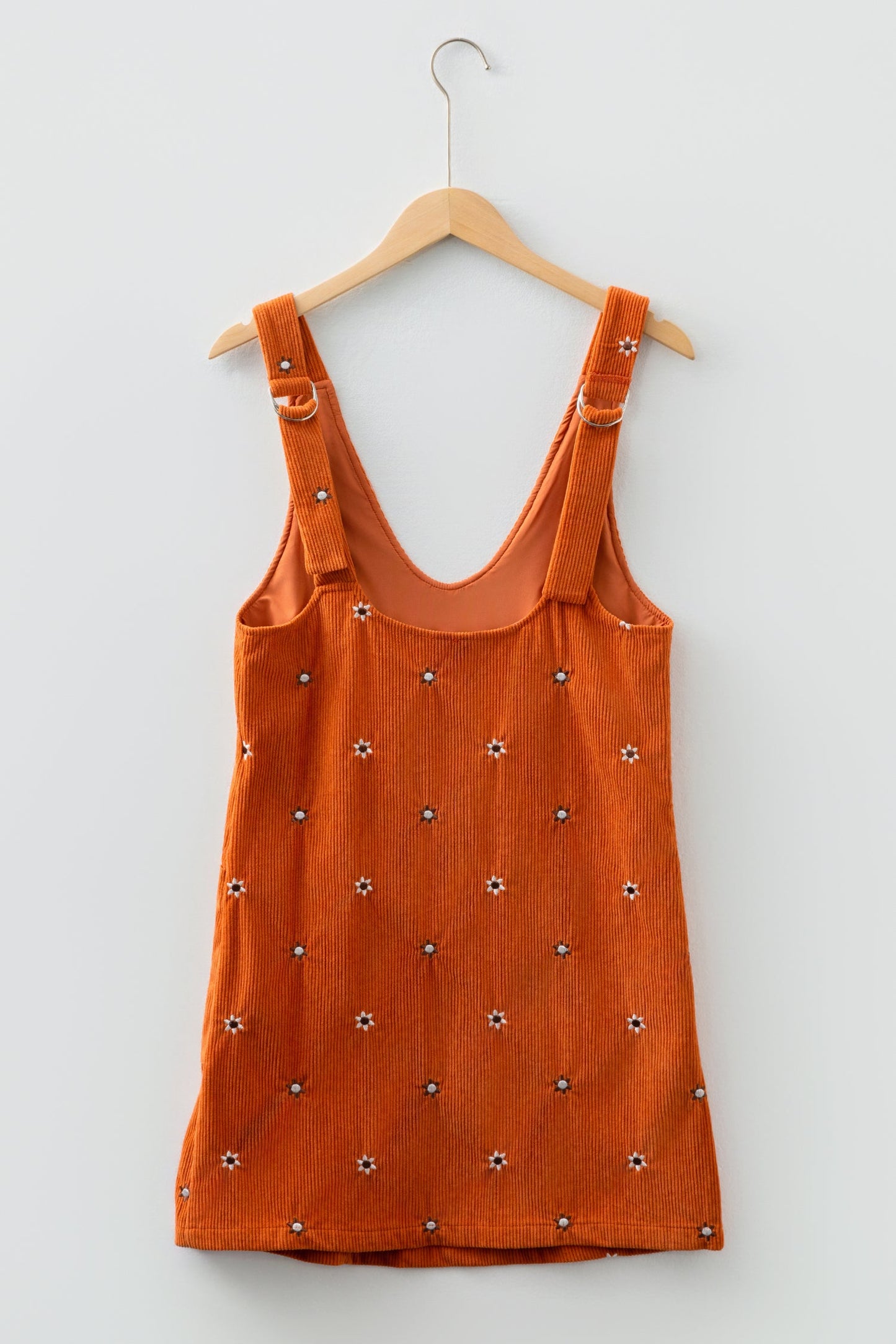 Gold Flame Flower Embroidered Corduroy Overall Mini Dress