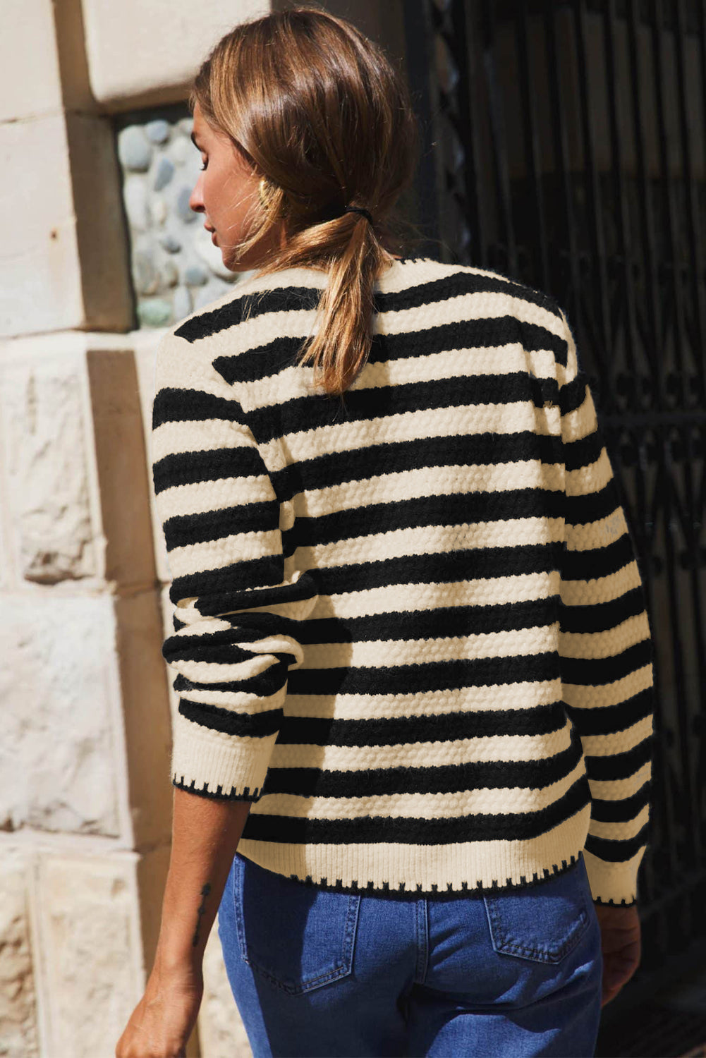 Apricot Stripe Chic Golden Button Cardigan Sweater