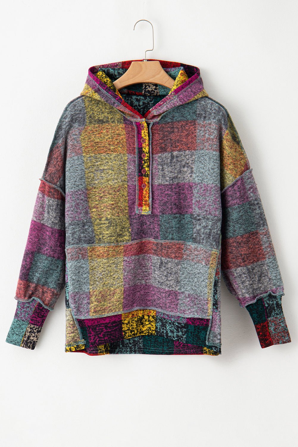Multicolor Brushed Plaid Buttoned Pullover Oversized Hoodie - Loving It Shop