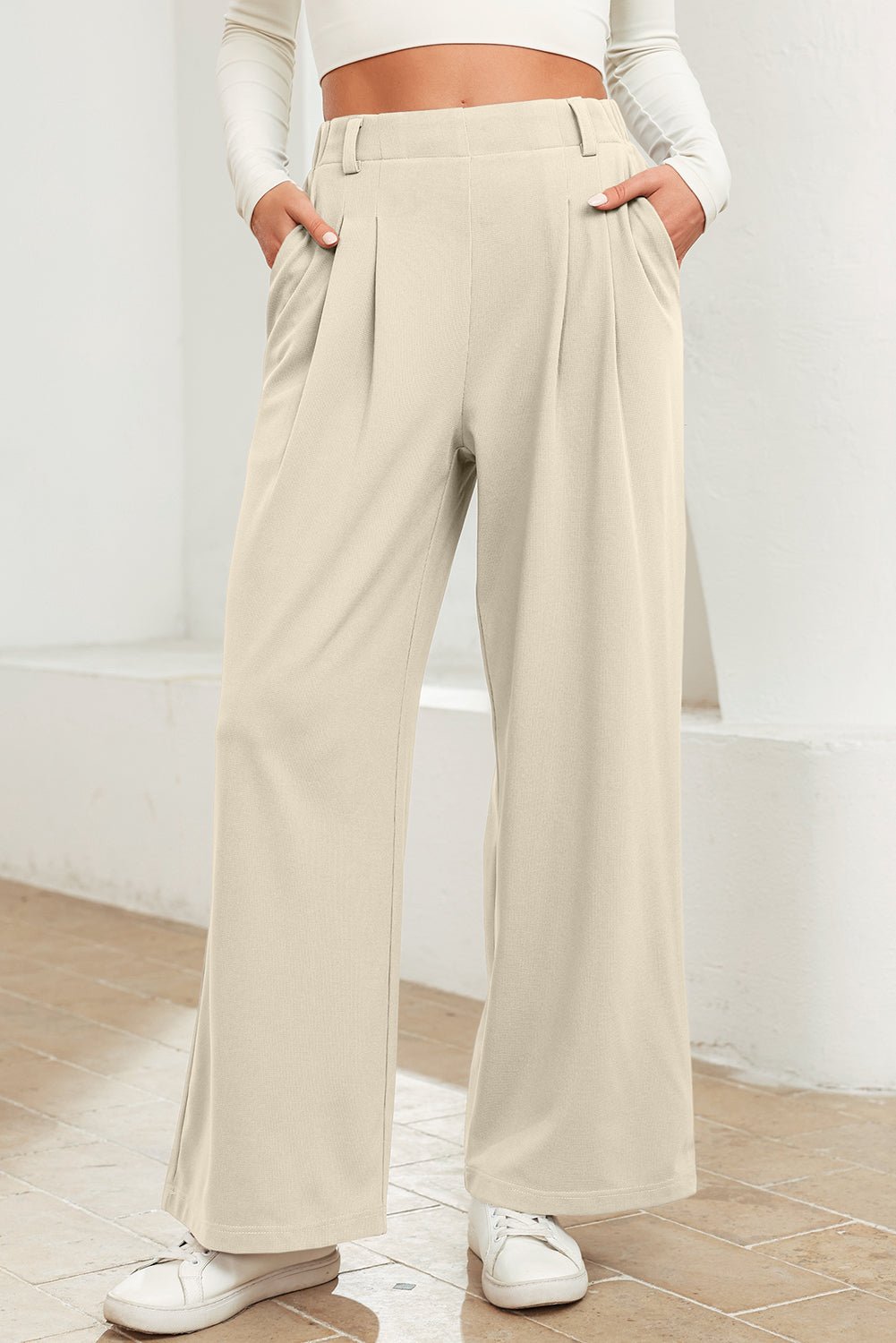 Beige Solid Color Textured Elastic Waist Wide Leg Pants - Loving It Shop