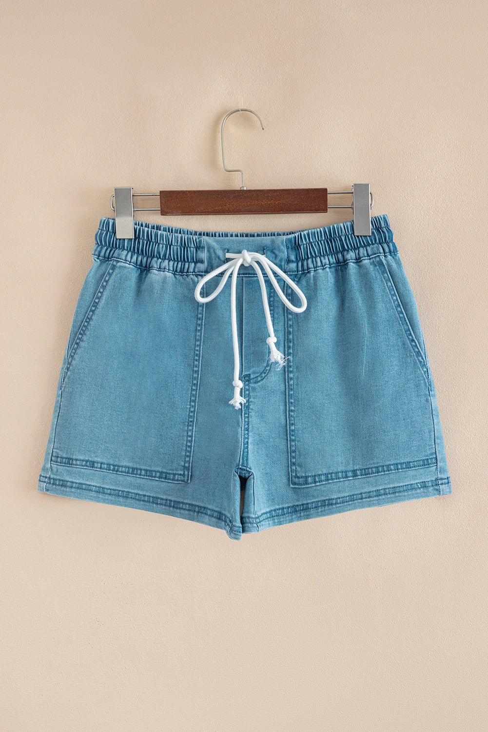 Beau Blue Contrast Drawstring Elastic Waistband Denim Shorts - Loving It Shop