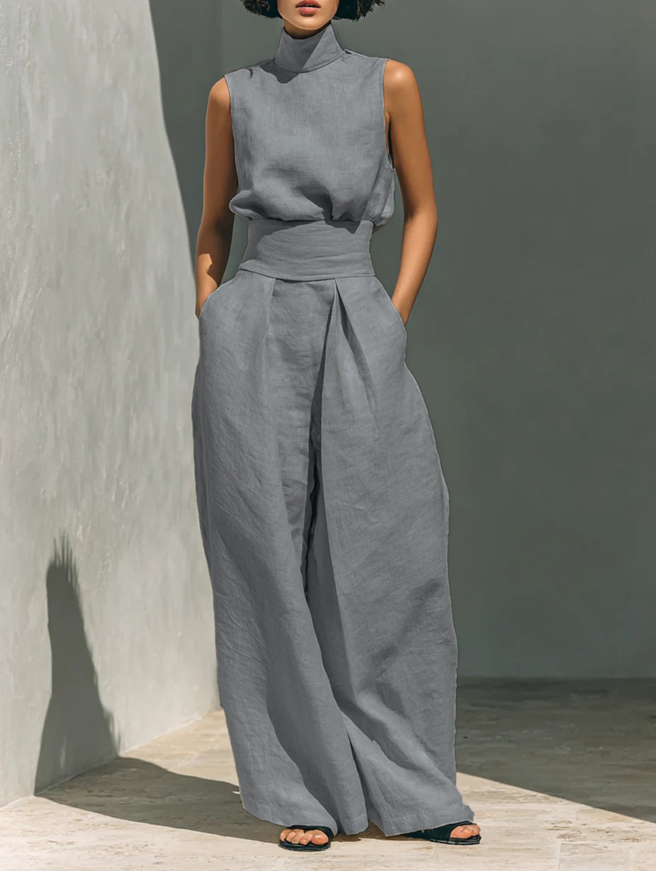Casual Sleeveless Suit Summer Stand-up Collar Pullover Top And Loose Straight-leg Trousers Women&