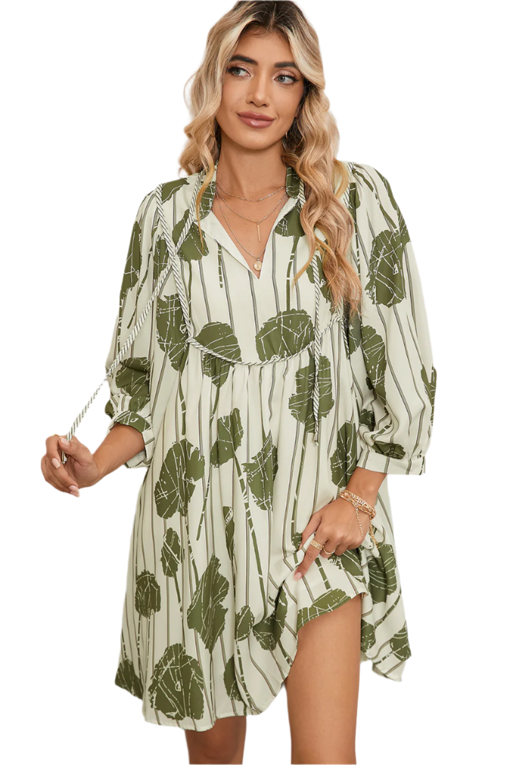 Guacamole Green Abstract Print Striped V-Neck Mini Dress