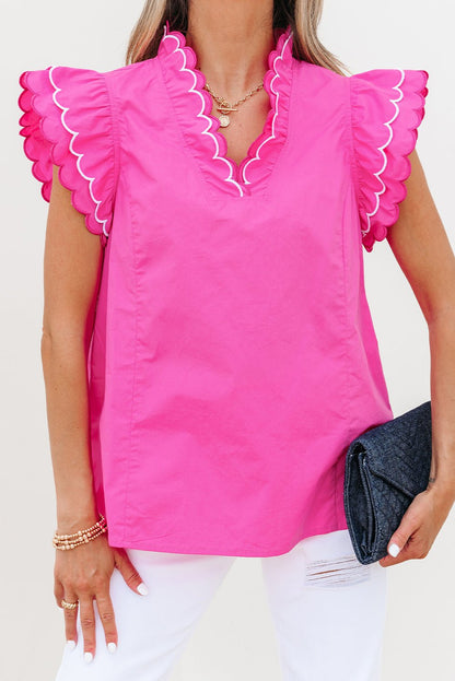 Bright Pink Contrast Scallop Trim Layered Short Sleeve V Neck Blouse - Loving It Shop