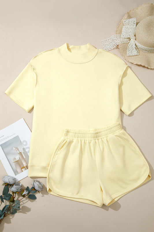 Yellow Cream Solid Color Exposed Seam Mock Neck Oversize Tee Casual Shorts 2pcs Outfit
