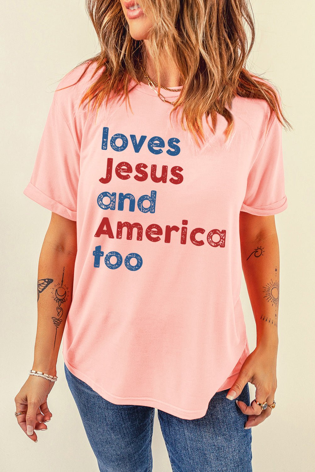 Pink loves Jesus and America too Vintage Letter Graphic Tee - Loving It Shop