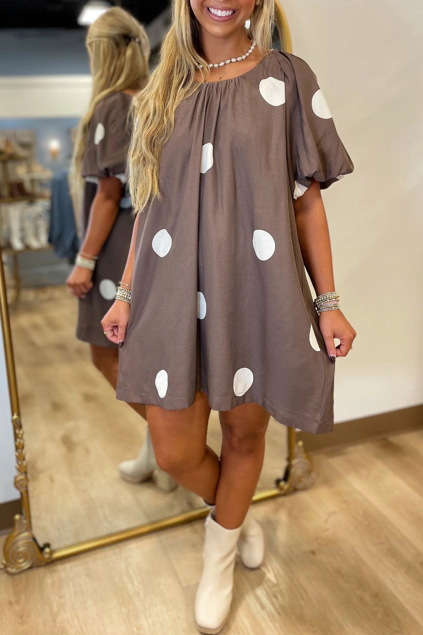 Brown Polka Dot Print Knot Back Short Puff Sleeve Loose Mini Dress - Loving It Shop