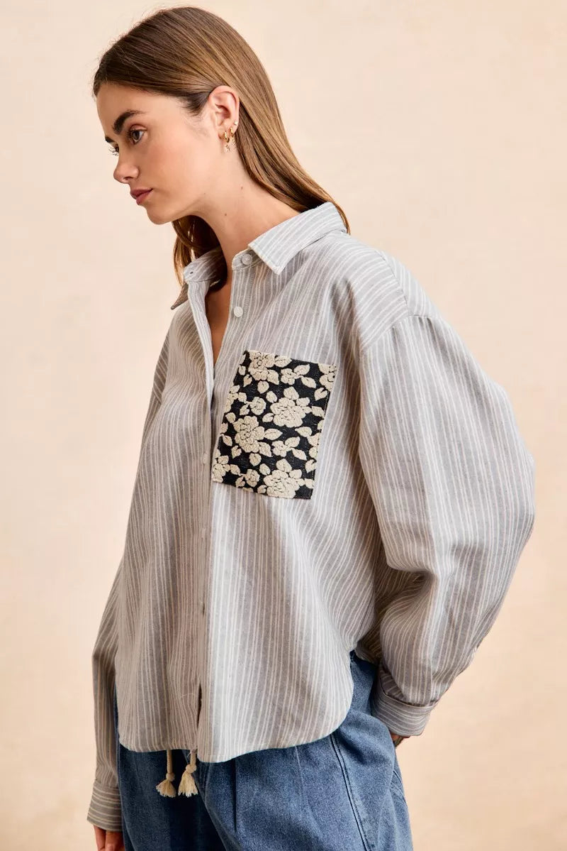 Flower Jacquard Knit Patch Pocket Stripe Shirt