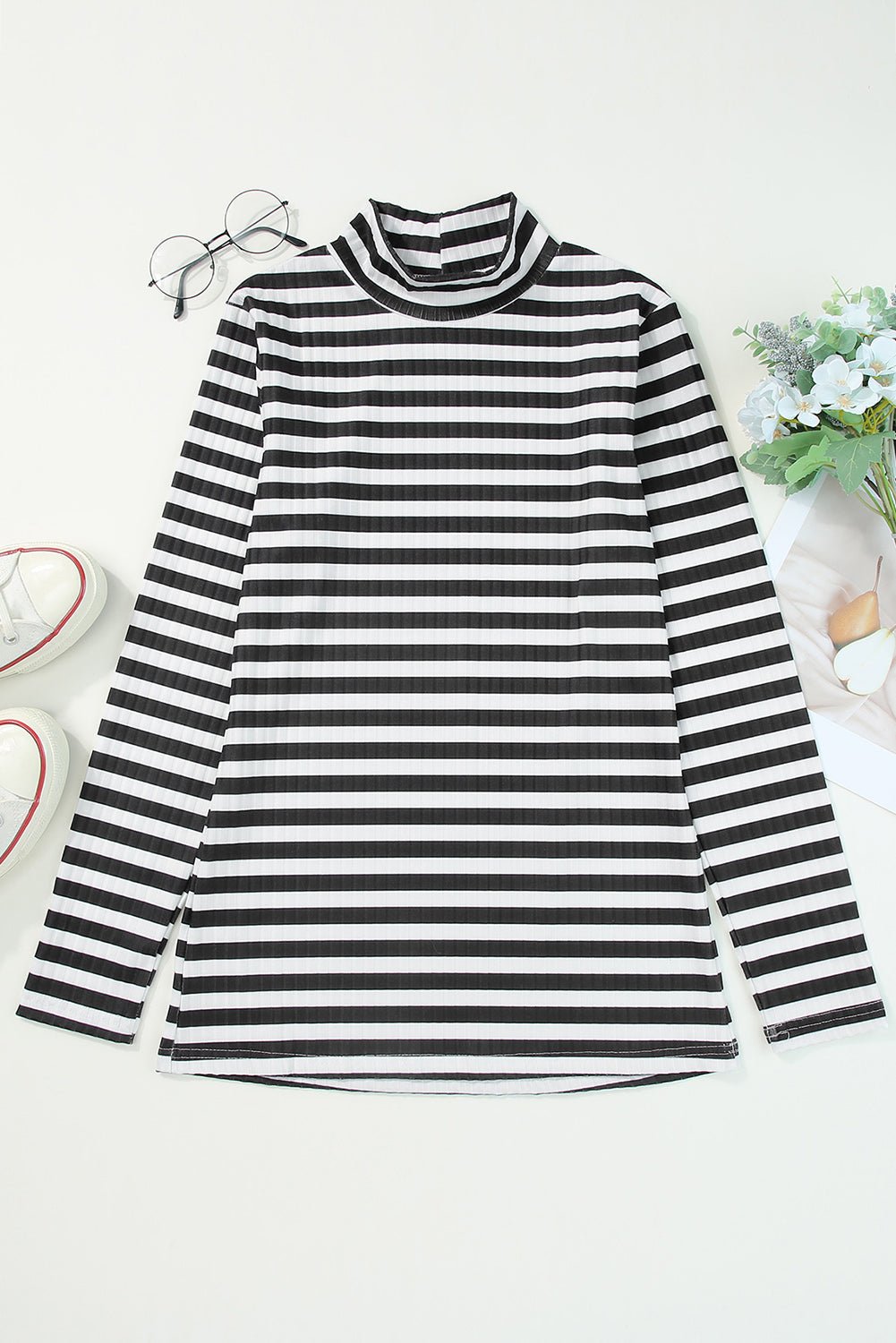 Black Striped Print Textured Knit Long Sleeve Tee - Loving It Shop