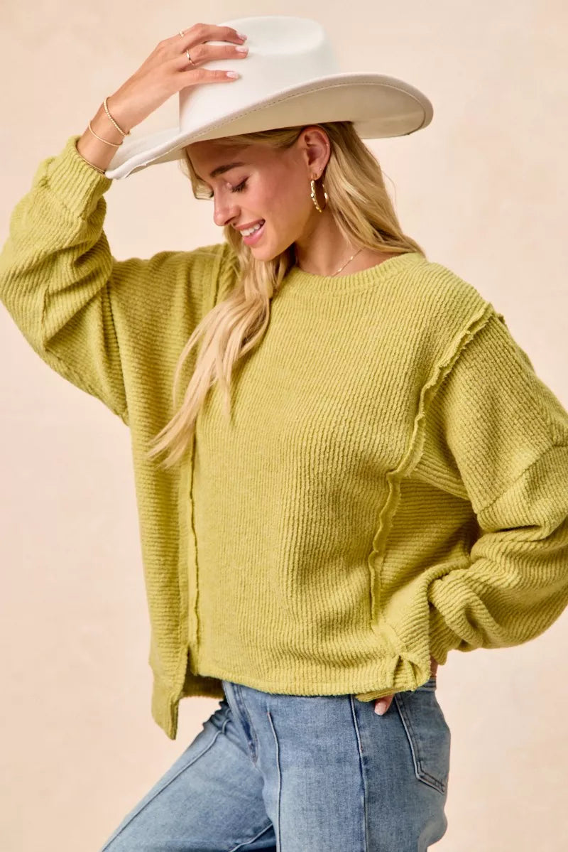 Boucle Rib Knit Uneven Hem Sweater With Open Seam