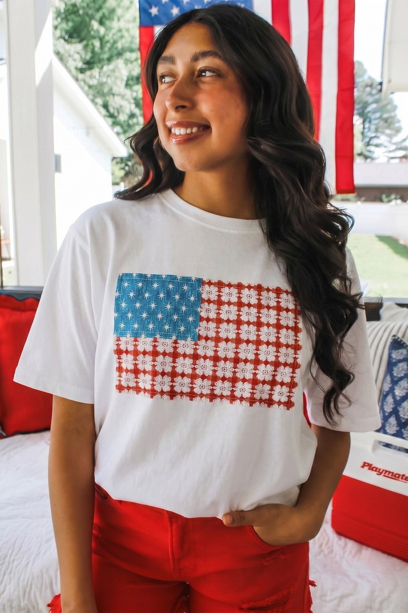 White Fancy Embroidered Patch Flag Casual T Shirt - Loving It Shop