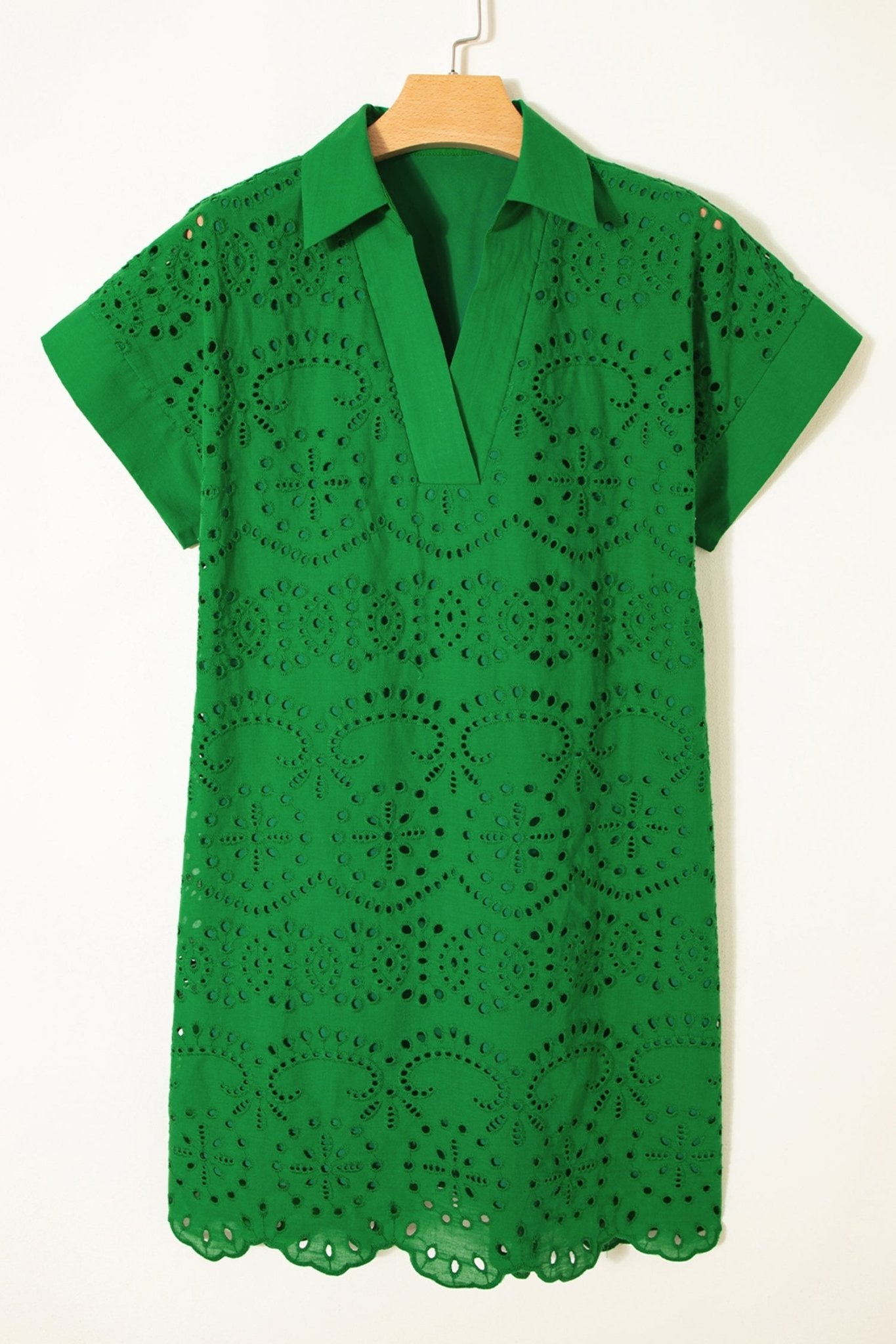 Green Solid Color Eyelet Embroidered T Shirt Mini Dress - Loving It Shop