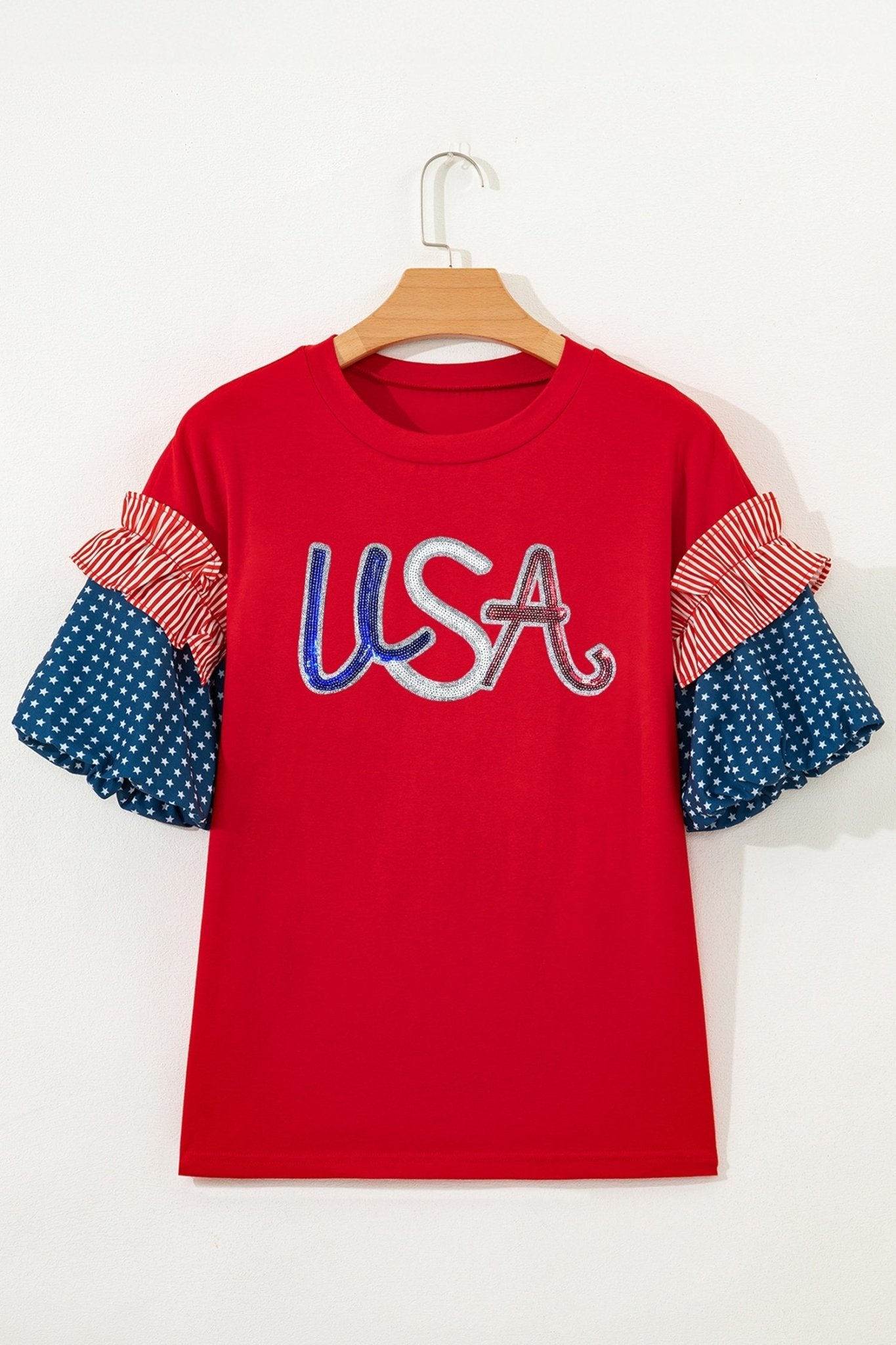 Fiery Red Sequin USA Lettering Patriotic Contrast Splicing Sleeve Top - Loving It Shop
