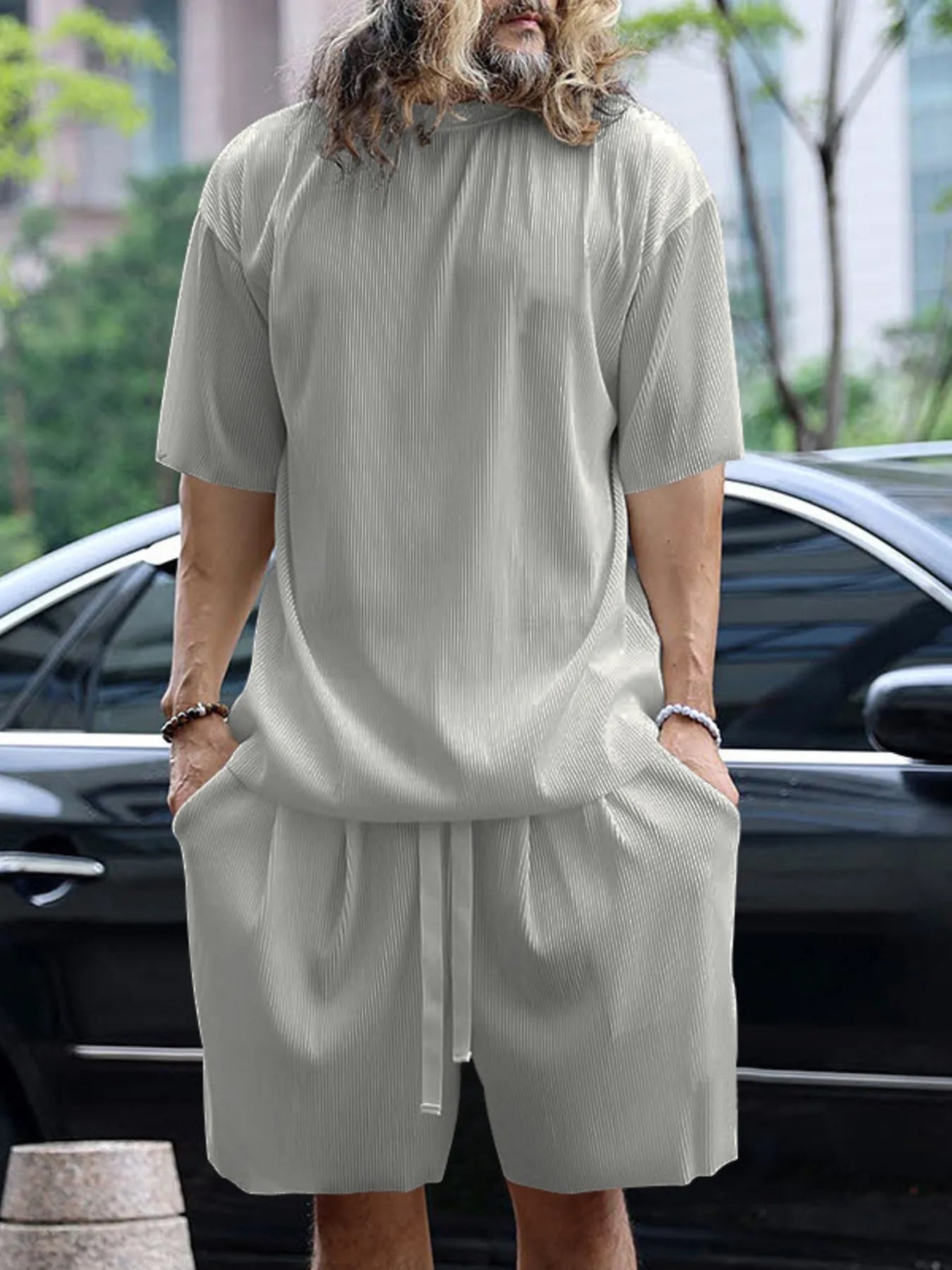 Men's Full Size Round Neck Short Sleeve Top and Shorts Set Plus Size