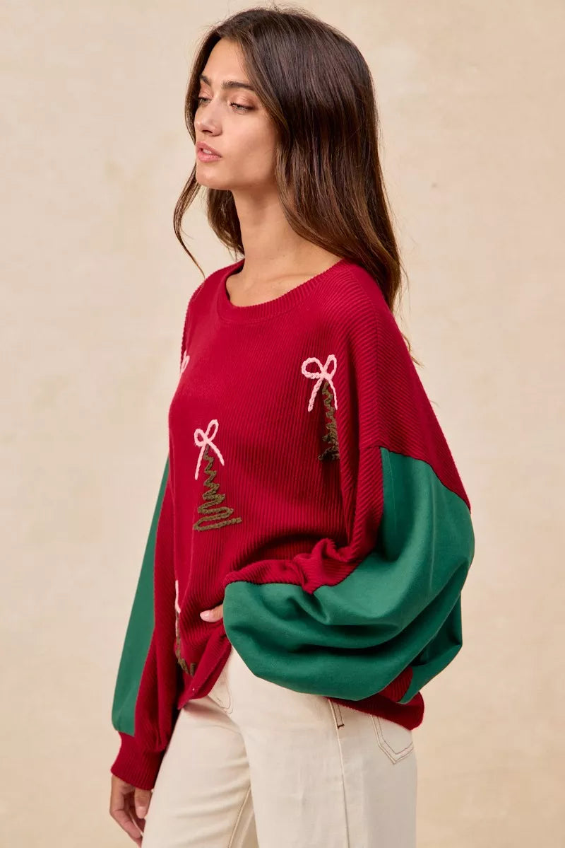 Christmas Theme Tree Embroidered Sweater