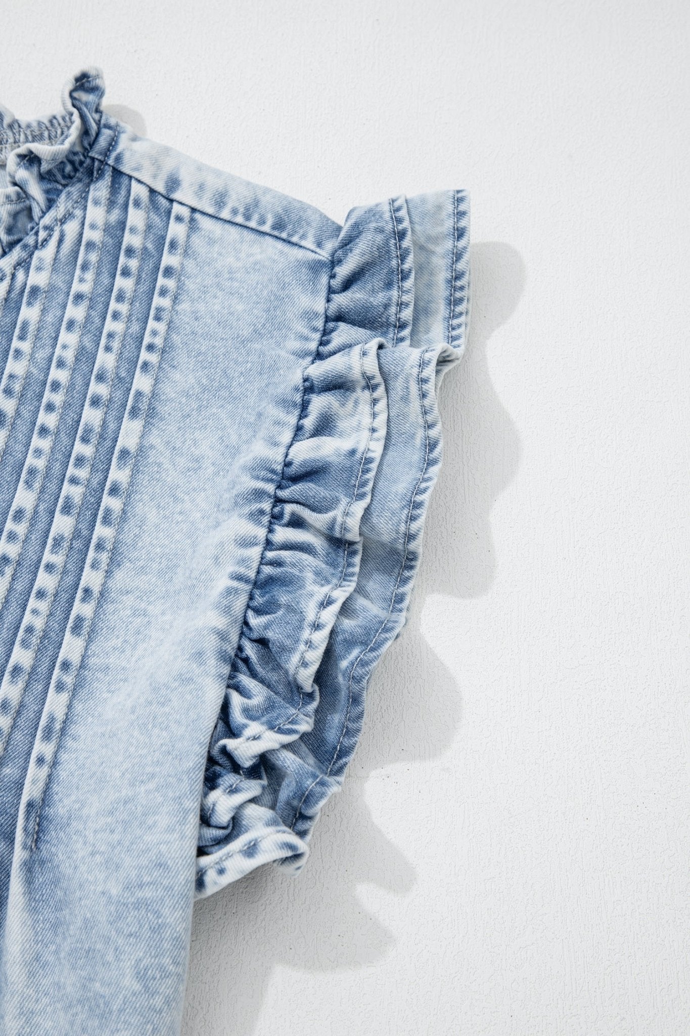 Beau Blue Ruffle Pleated Detail Vintage Washed Denim Top - Loving It Shop