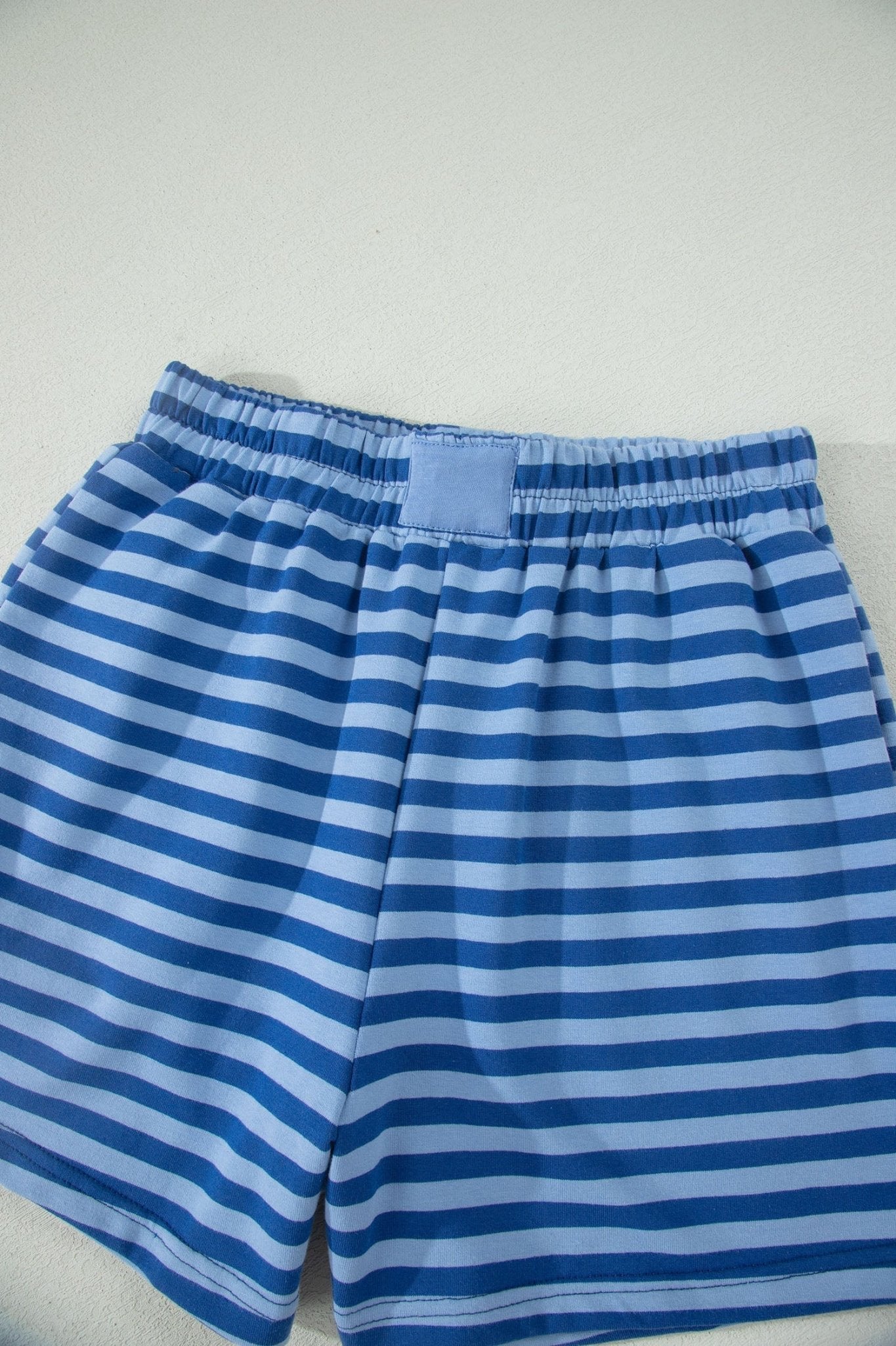 Blue Stripe Striped Ribbed Cotton Two - Piece Short Set with Chest Patch Detail - Loving It Shop