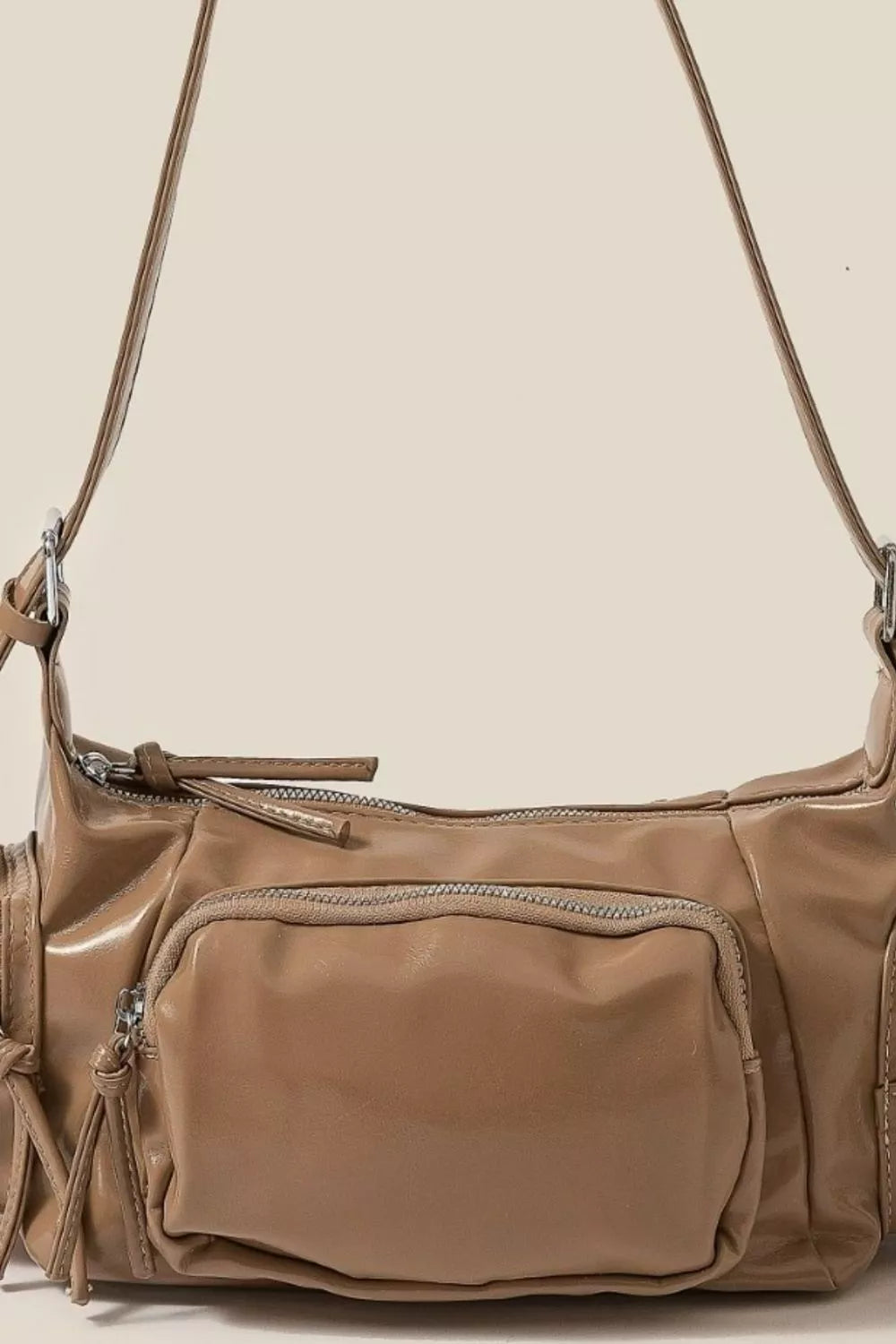 Glossy Faux Leather Multi Pocket Hand Bag