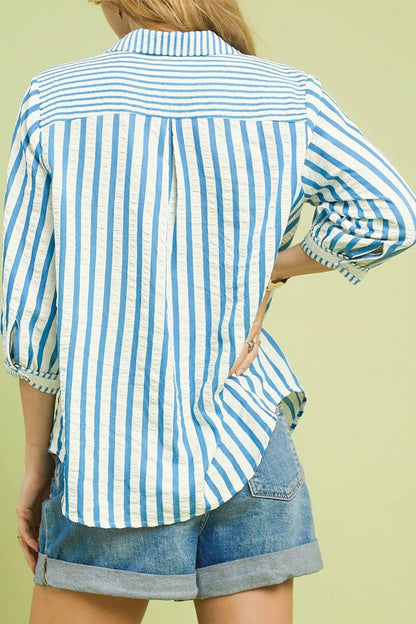 Sky Blue Stripe 3/4 Sleeve Collared Neck Blouse - Loving It Shop