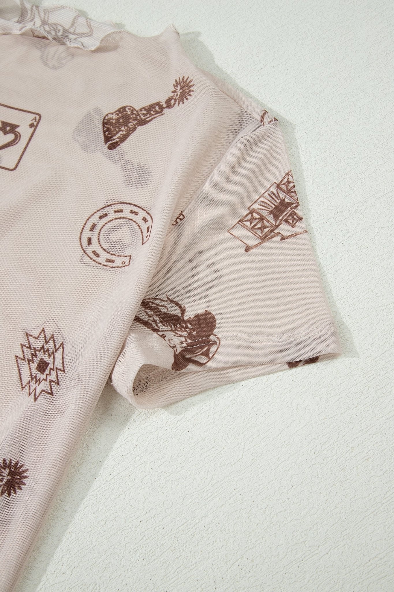 Oatmeal Western Printed Mesh Short Sleeve Top - Loving It Shop