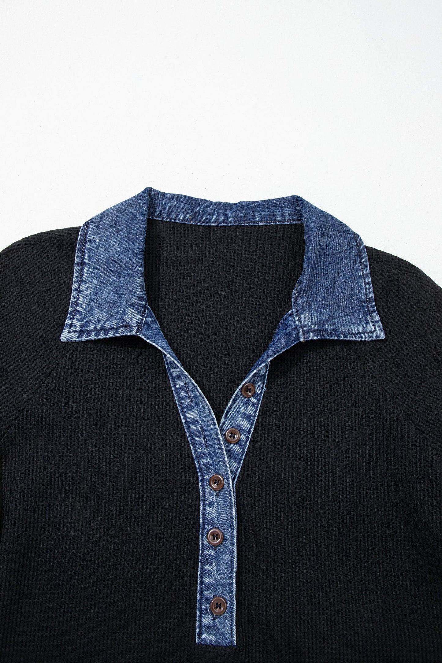 Black Waffle Knit Denim Contrast Trim Patchwork Button Collar Top
