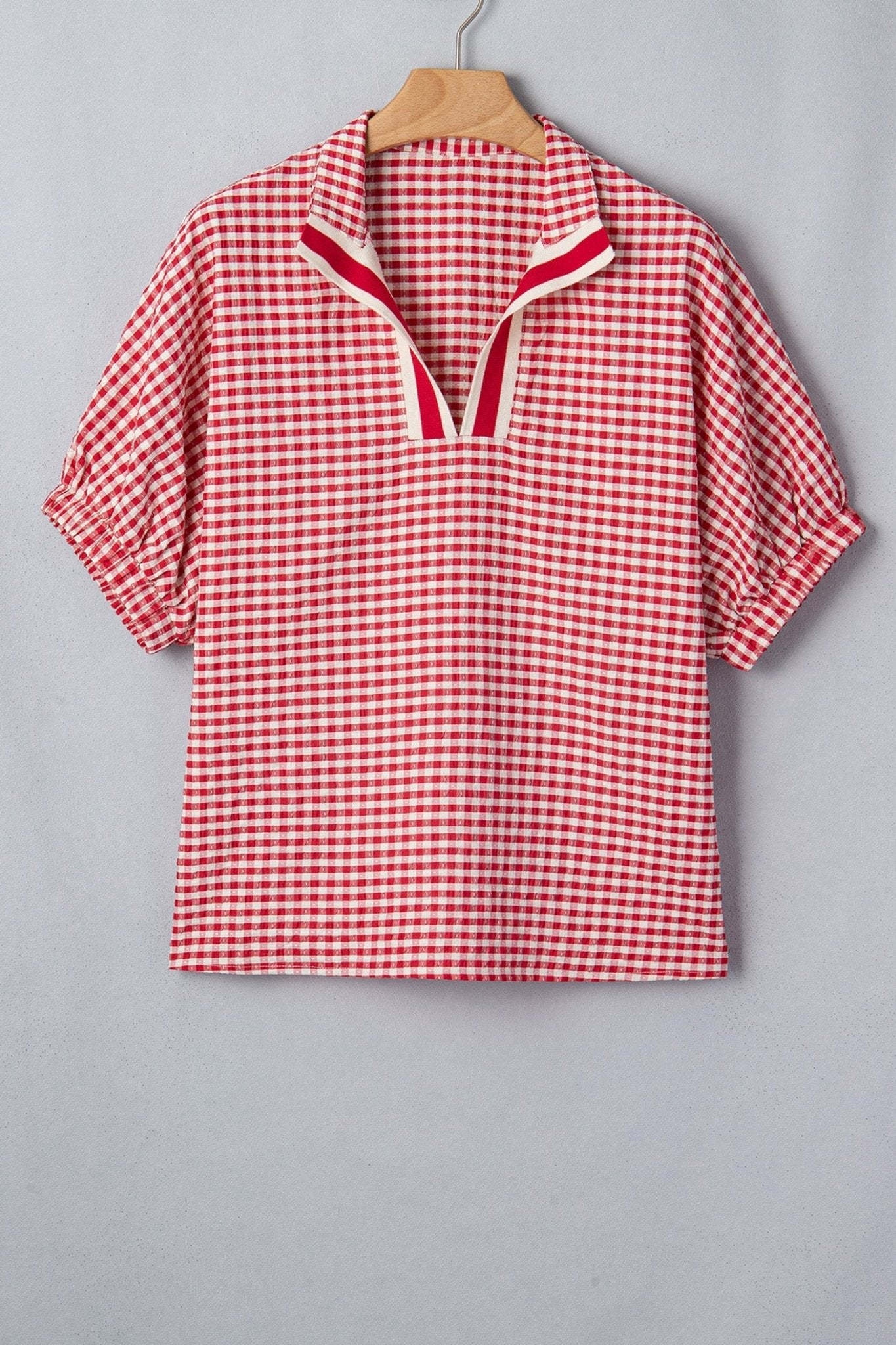 Red Plaid Short Sleeve Colorblock Trim Split Neck Blouse - Loving It Shop
