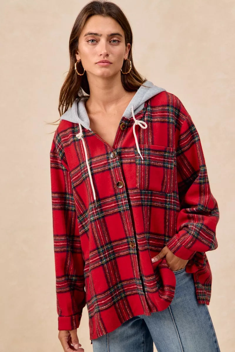 Brushed Plaid Hooded Jacket