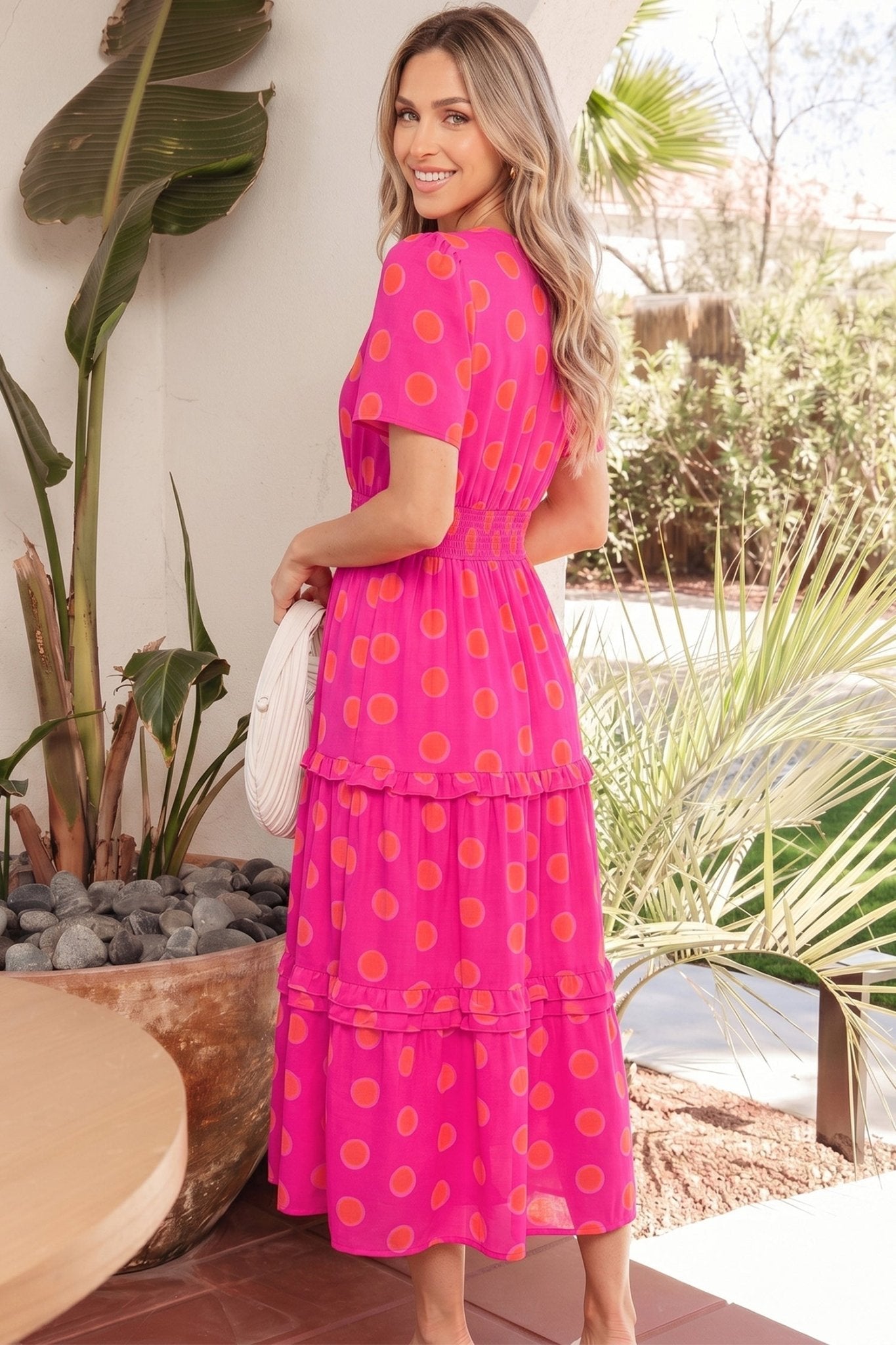 Rose Double Polka Dot Short Sleeve Shirred High Waist Midi Dress - Loving It Shop