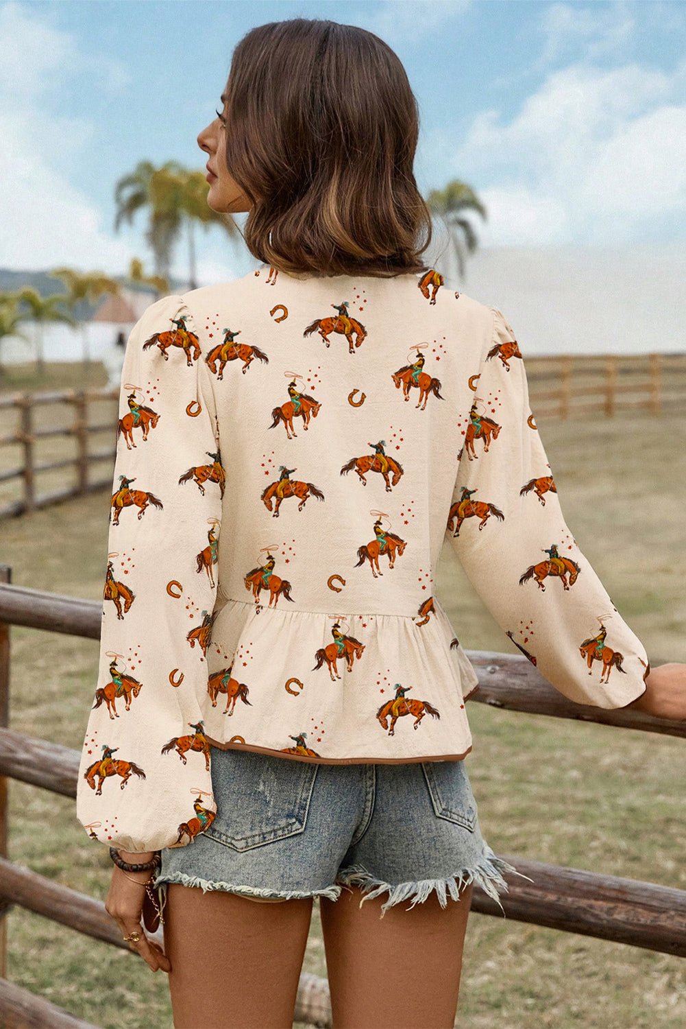 Apricot Western Rodeo Print Tied Front Puff Sleeve Peplum Top - Loving It Shop