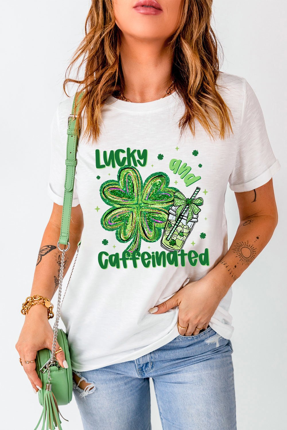 White Lucky and Caffeinated Clover Graphic St Patrick Tee - Loving It Shop