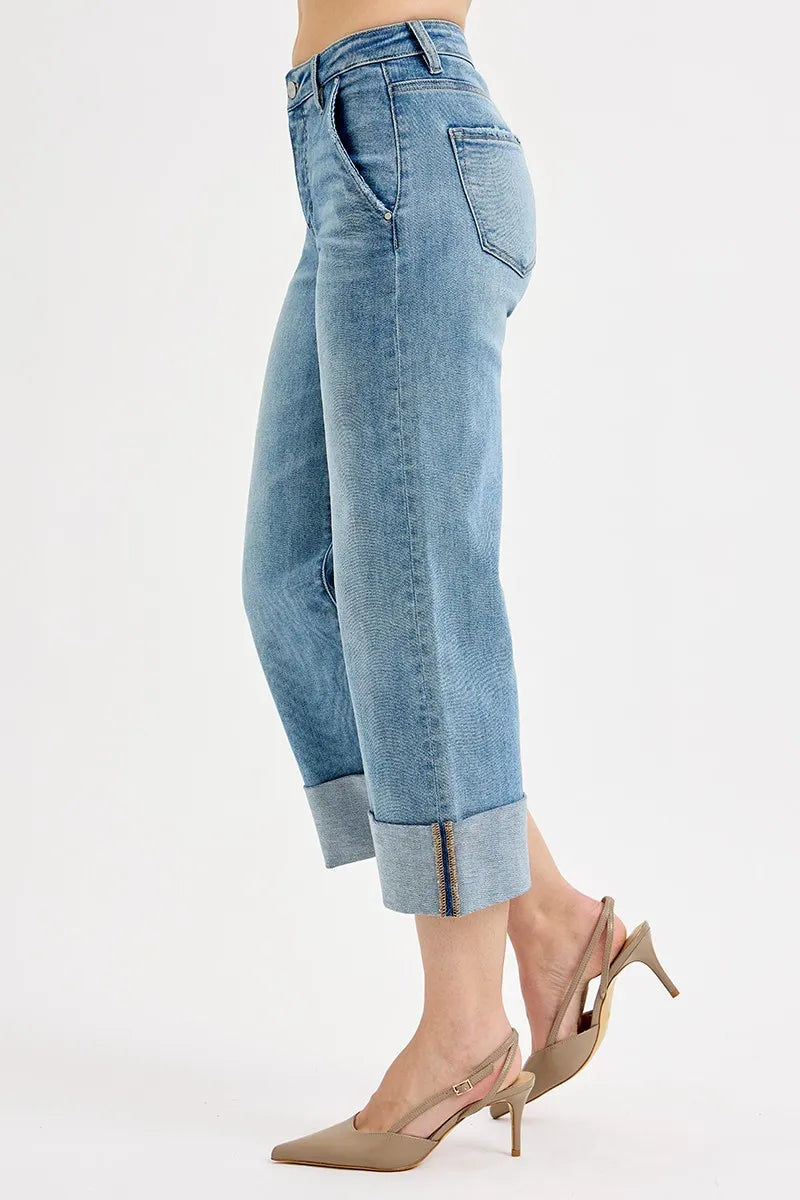 Full Size Tummy Control High Rise Ankle Wide Cuffed Jeans Plus Size