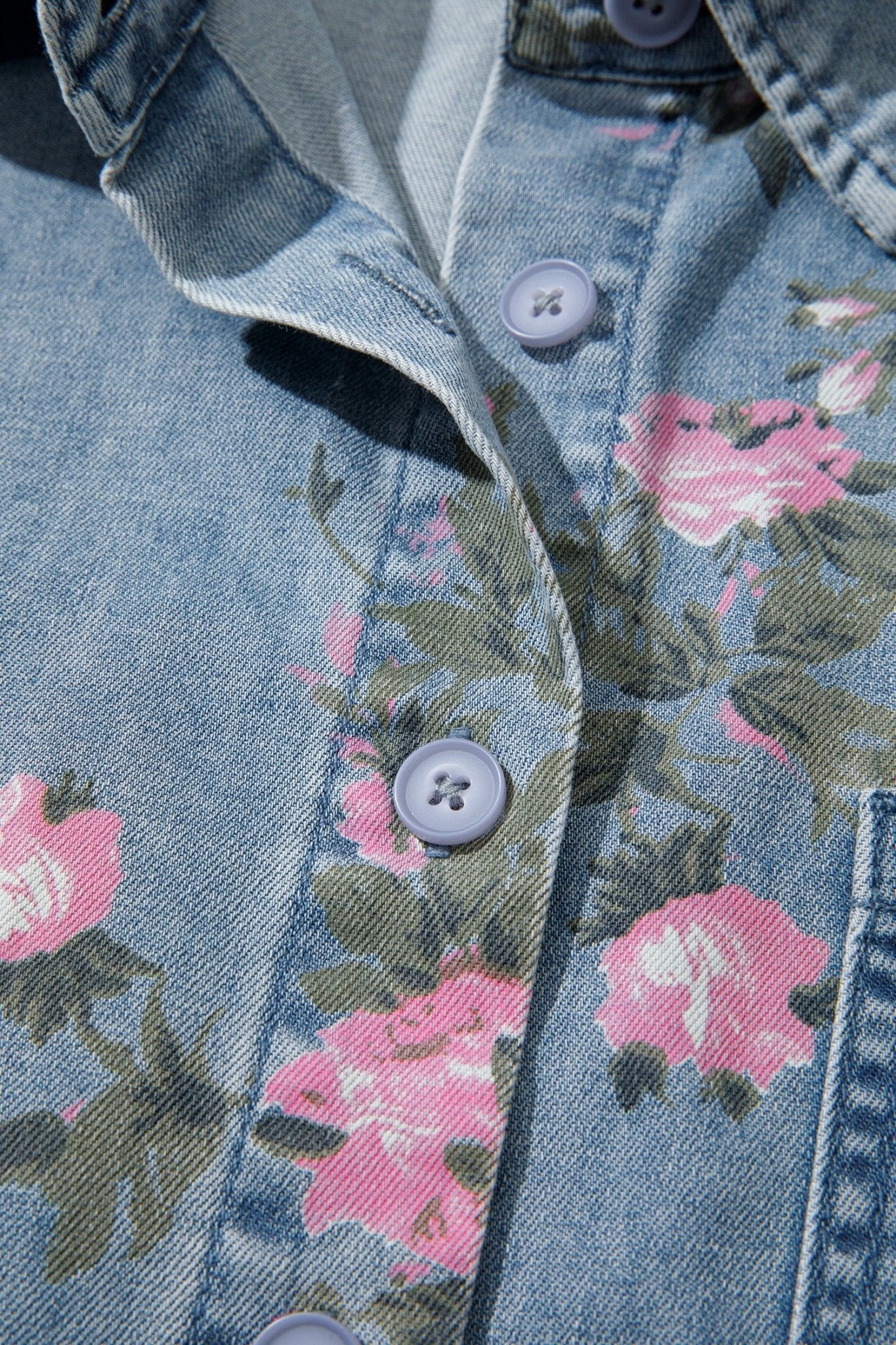 Blue Bracelet Sleeve Floral Denim Shirt - Loving It Shop