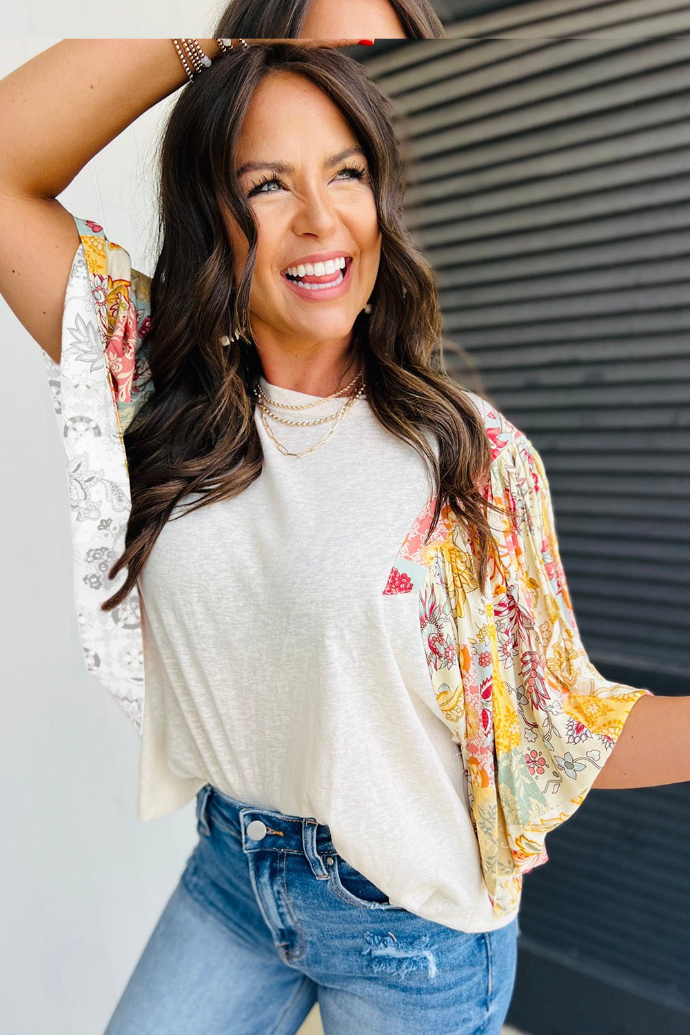 Beige Floral Patchwork Half Batwing Sleeve Blouse - Loving It Shop