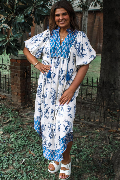 Sky Blue Boho Abstract Print Contrast Trim V Neck Tassel Tie Dress - Loving It Shop