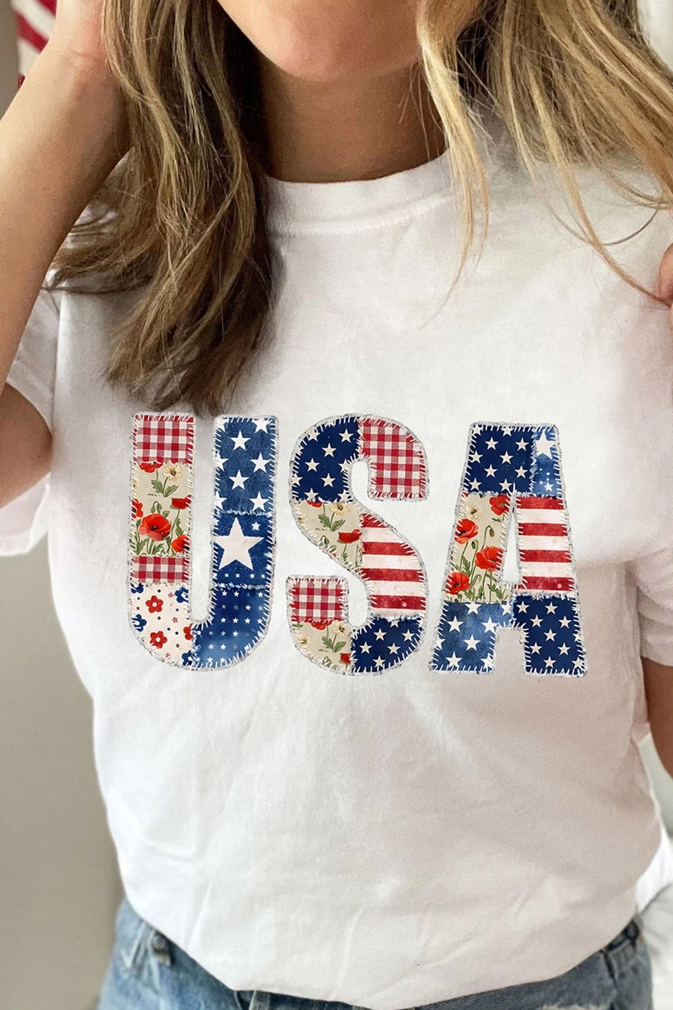 White USA Faux Patchwork Graphic Tee - Loving It Shop