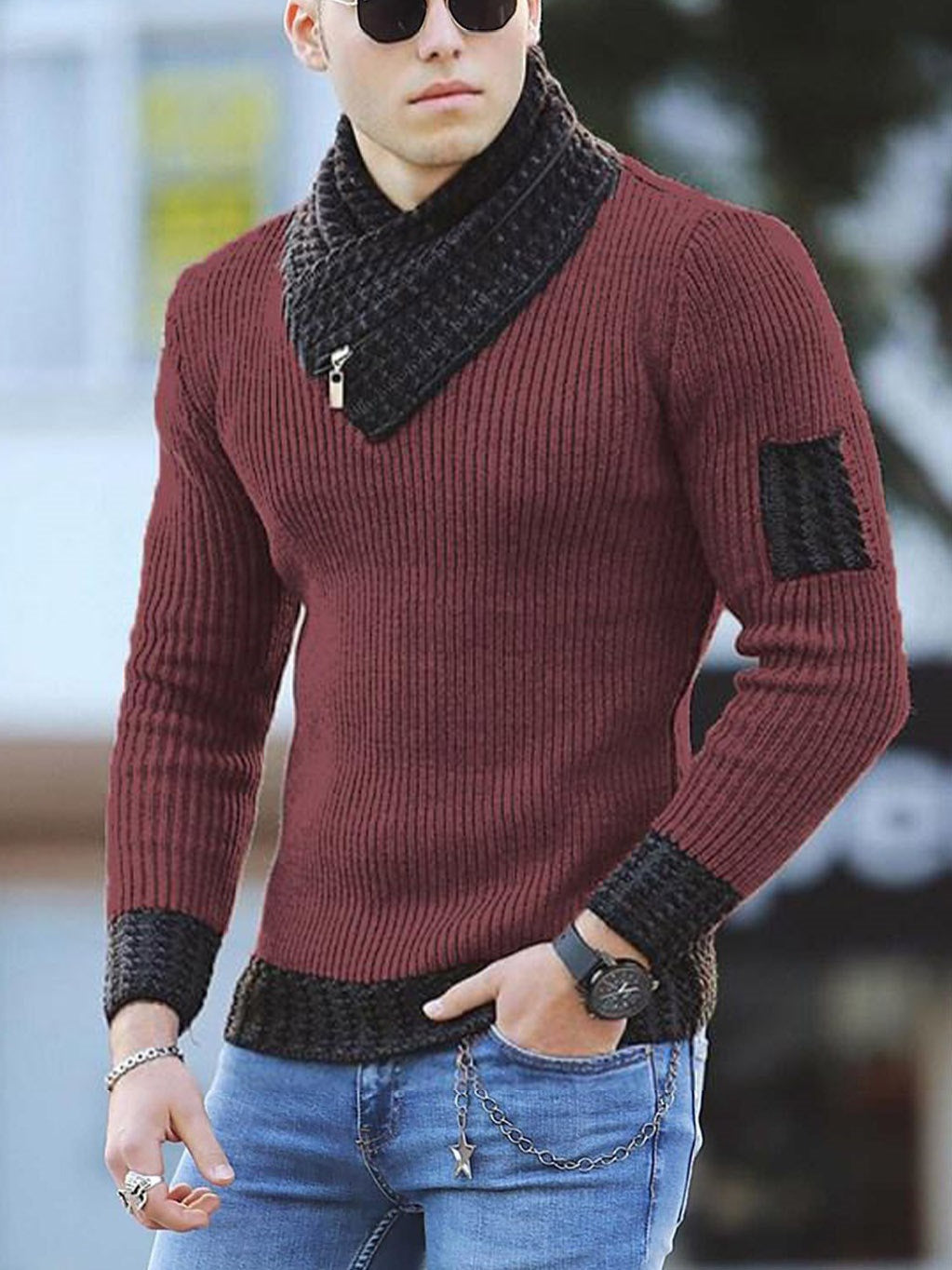 Independent Station Casual Slim Knit Pullover Long-sleeved Scarf Collar Sweater Men&