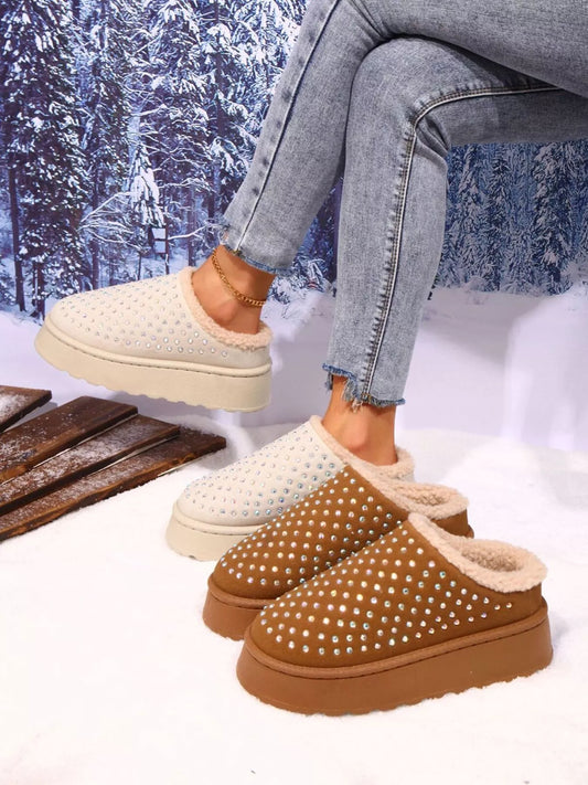 Rhinestone Round Toe Platform Slippers - Loving It Shop