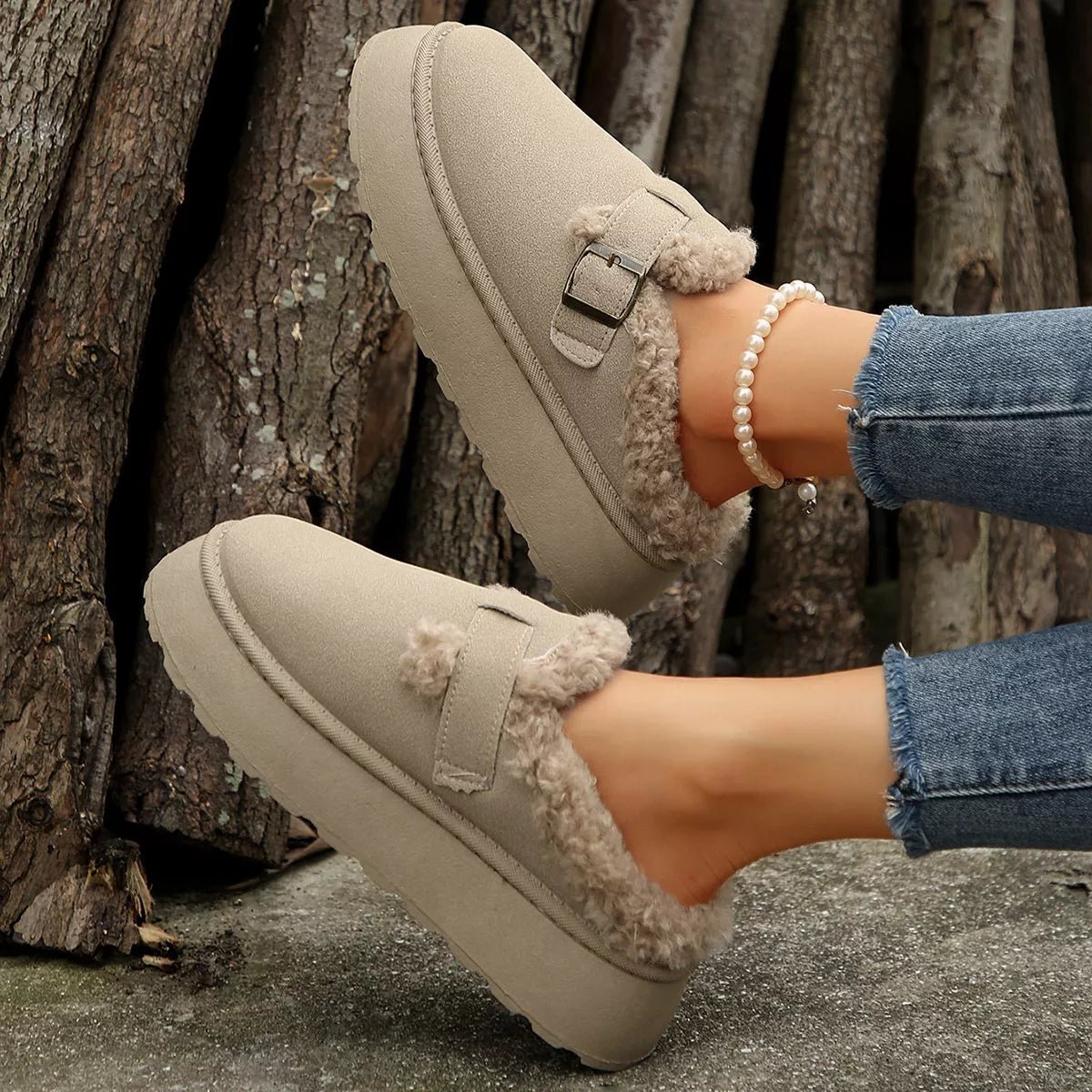 Fuzzy Trim Buckle Platform Slippers - Loving It Shop