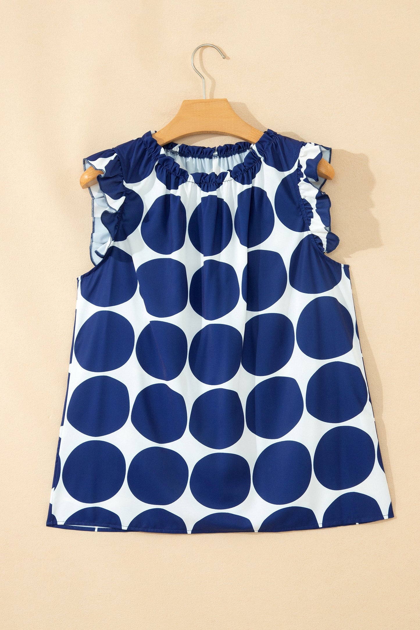 Blue Polka Dot Print Frilled Round Neck Shift Tank Top