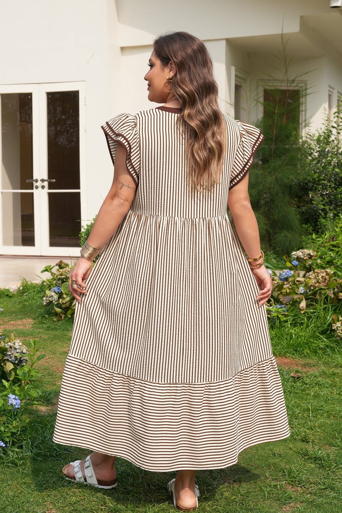 Brown Stripe Plus Size Slit V Neck Tiered Flutter Sleeve Maxi Dress - Loving It Shop