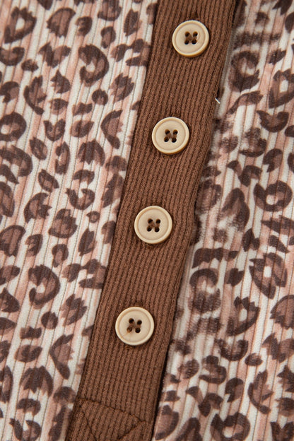 Brown Leopard Print Ribbed Patchwork Half Button Loose Tee Elastic Waist Short 2pcs Set - Loving It Shop
