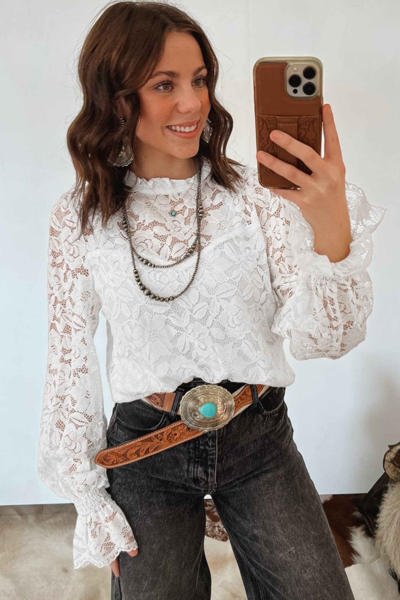 White Ruffled Round Neck Long Flounce Sleeve Sheer Lace Blouse - Loving It Shop
