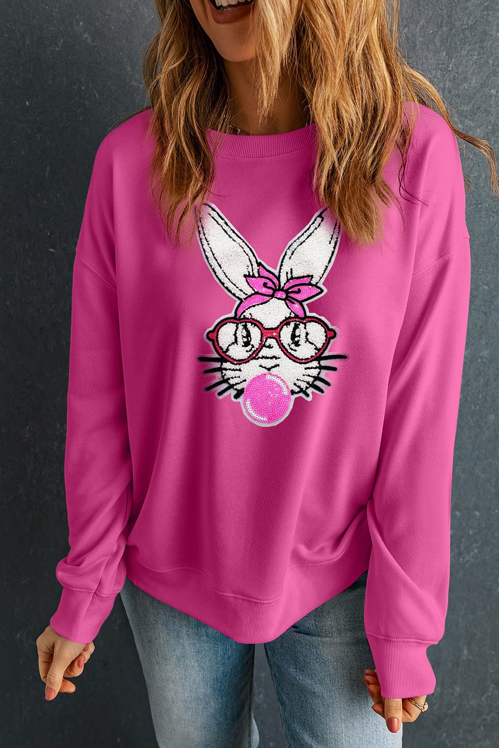 Bonbon Bubble Gum Rabbit Sequin Graphic Drop Shoulder Sweatshirt - Loving It Shop