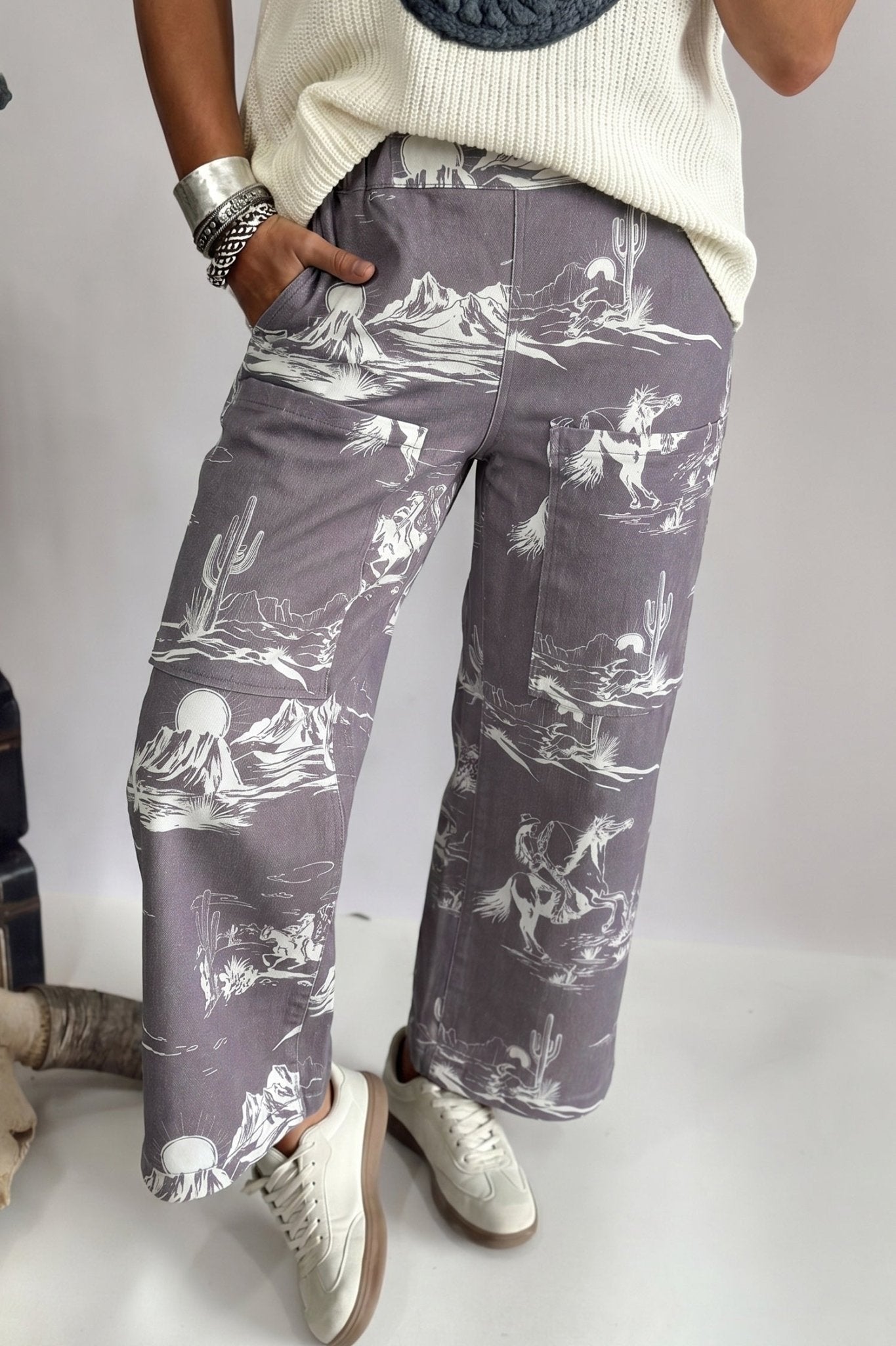Gray Wild West Riding Vintage Printed Shift Jeans - Loving It Shop