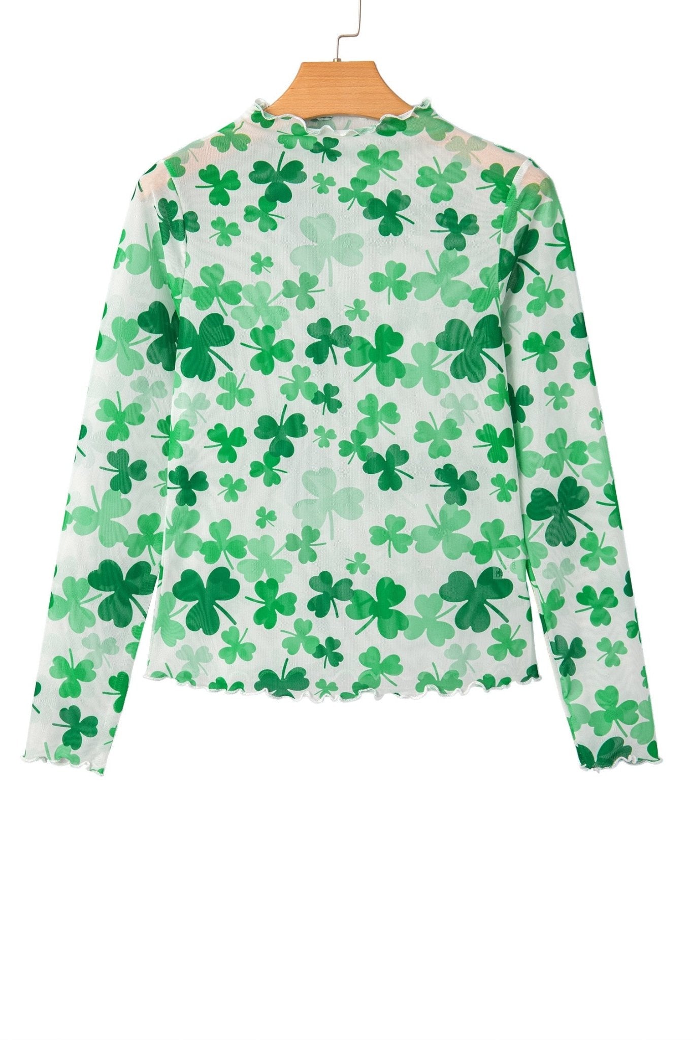 Green Lucky Shamrock Lettuce Trim High Neck Mesh Long Sleeve Top - Loving It Shop