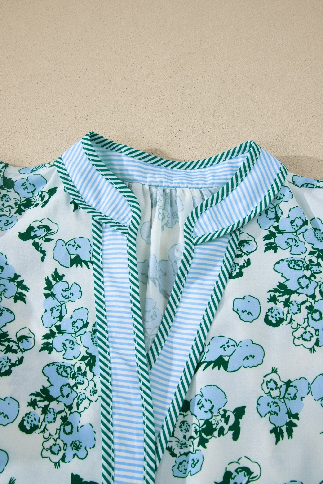 Green Floral Meets Stripes V Neck Flutter Sleeve Blouse - Loving It Shop