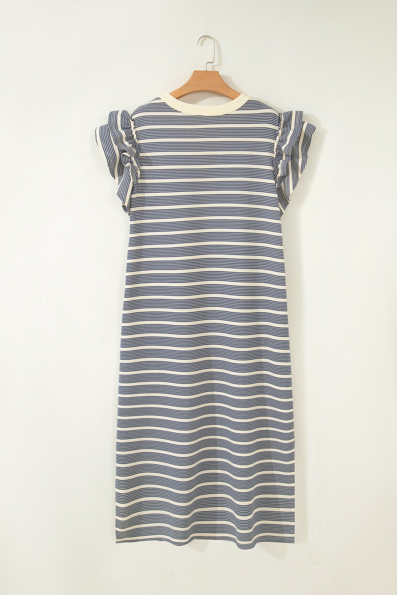 Blue Stripe Plus Size Contrast Trim Button V Neck Ruffle Sleeve Shift Dress - Loving It Shop