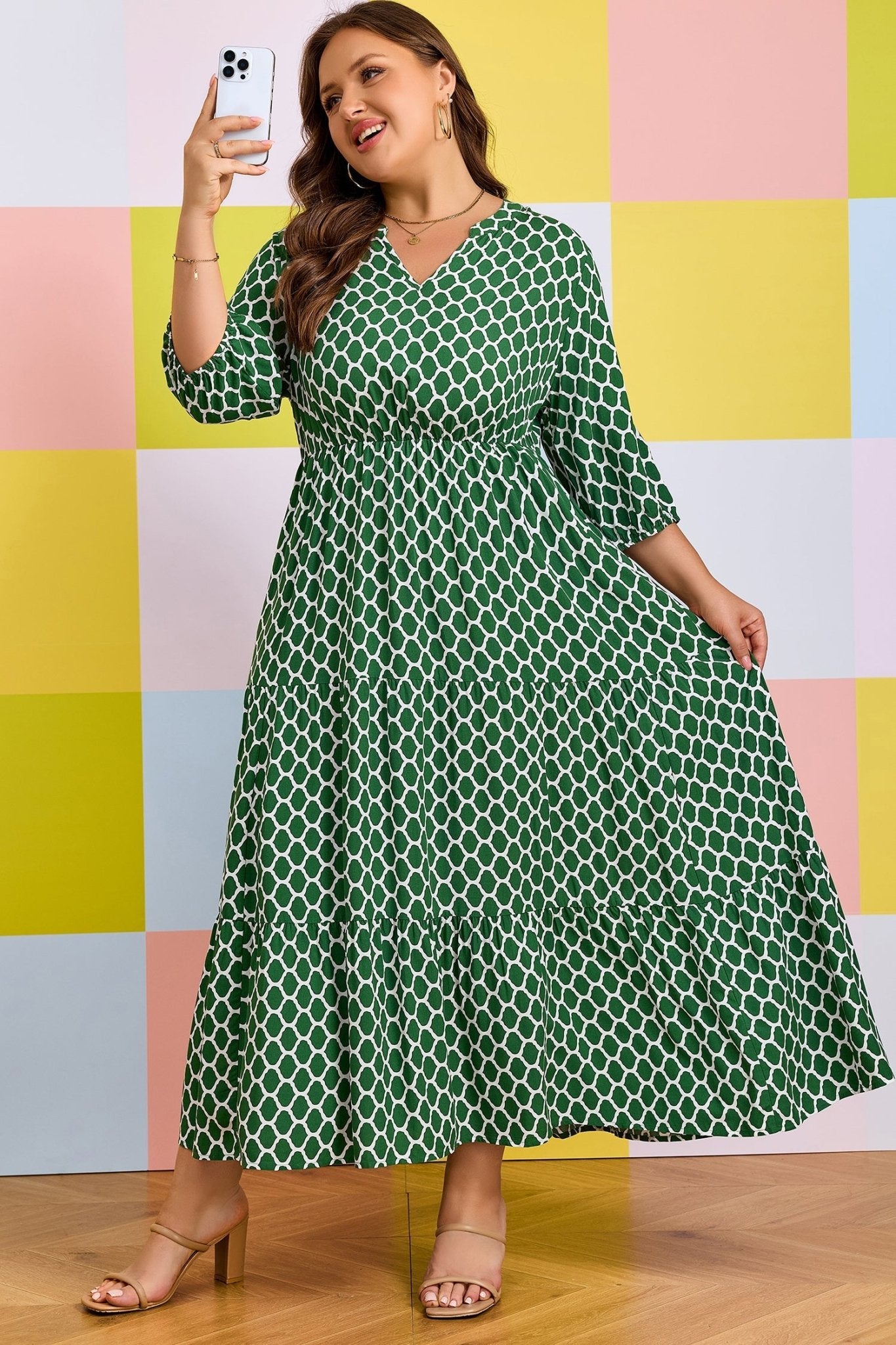 Green Plus Size Geometric Print Pocketed Ruffle Hem Casual Dress - Loving It Shop