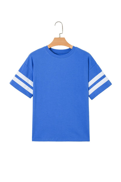 Dark Blue Varsity Striped Short Sleeve Crew Neck T Shirt - Loving It Shop